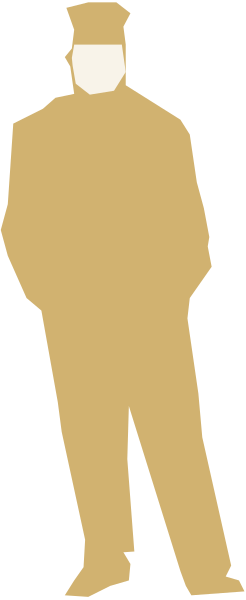 The image shows a black silhouette of an adult male figure standing against a light background with his hands behind him; he is wearing what appears to be formal attire including trousers, shirt, tie, and jacket.