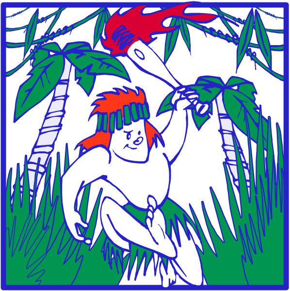 The image shows a cartoon of an indigenous person with red hair wearing traditional clothing standing next to palm trees on what appears to be grassy ground in front of bamboo stalks under a dark sky at night, holding onto something that looks like fire and has flames coming out from it while another figure is depicted running towards the viewer.