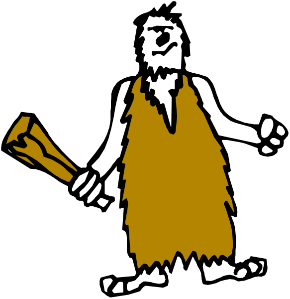 The image shows a cartoon of an animated caveman character holding two torches with flames at both ends while standing on what appears to be grassy ground in front of a dark background.