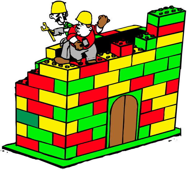 The image shows a colorful Lego brick structure with two figures on top: an adult wearing red overalls holding what appears to be a hammer in one hand and pointing upwards towards another figure who is waving, both standing next to each other near a small archway entrance of the building; they are surrounded by variously colored bricks.