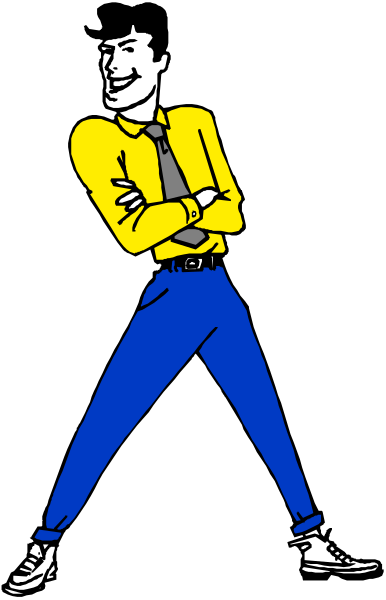 The image shows a cartoon of an animated man standing with his hands on hips against a black background; he is wearing blue pants and yellow shoes.
