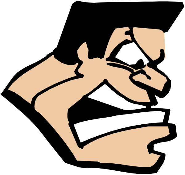 The black and white logo of a cartoon character with an angry expression on his face is shown against a dark background.