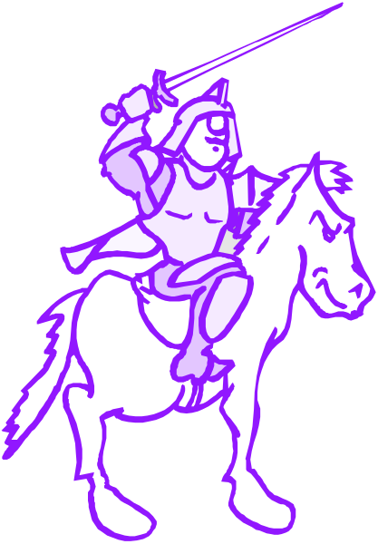 The image shows a purple cartoon of an armored knight riding on top of a white horse with its head turned to look back at something behind it.