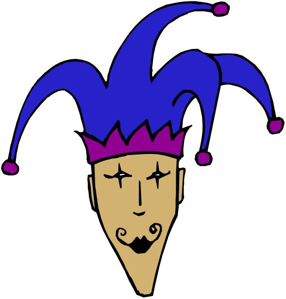 The image shows a cartoon of an exaggerated clown face with blue hair wearing a purple crown on top of its head against a black background.