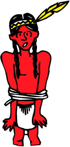 The image shows a cartoon of an indigenous person with red skin standing on top of what appears to be a maple leaf in front of a dark background.