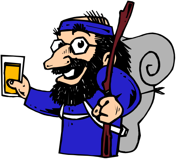 The cartoon depicts a bearded man with glasses holding up two fingers as if toasting, wearing an outfit that resembles medieval clothing including what appears to be armor on his back, standing in front of a dark background and smiling at something off-camera.