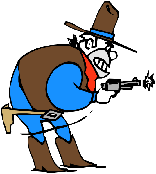 The cartoon depicts a cowboy leaning forward with his gun drawn from its holster while holding it up to shoot something off-screen.