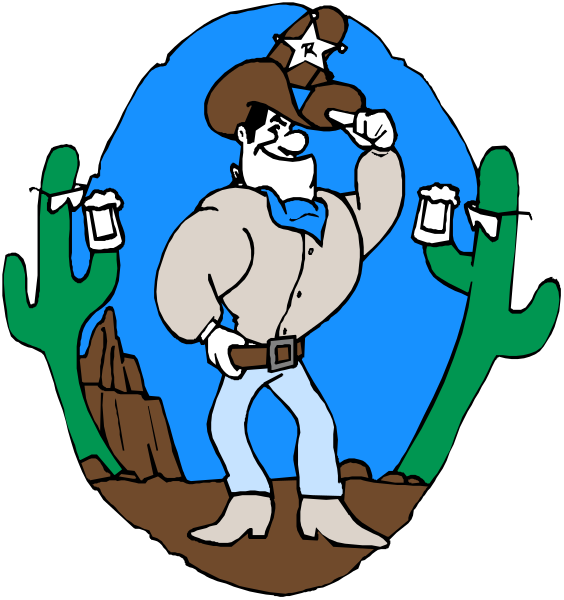 The image shows a cartoon of an animated cowboy character standing with his hands on hips next to cacti against a blue sky background.