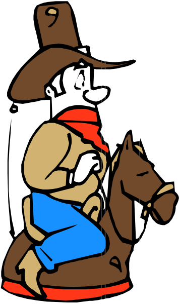 The image shows a cartoon of an animated cowboy riding on top of his horse with a lasso around its neck in front of him.