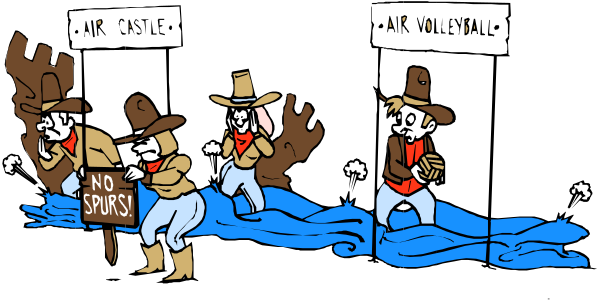 The cartoon shows a sequence of three panels with characters dressed as cowboys riding through water that reads "Air Castle Volleyball."