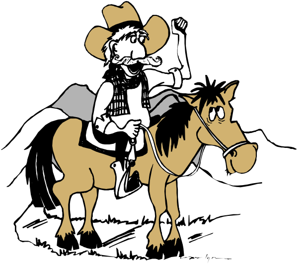 The black and white illustration shows a cartoon cowboy riding on top of an animated horse with his arms outstretched as if he's in motion.