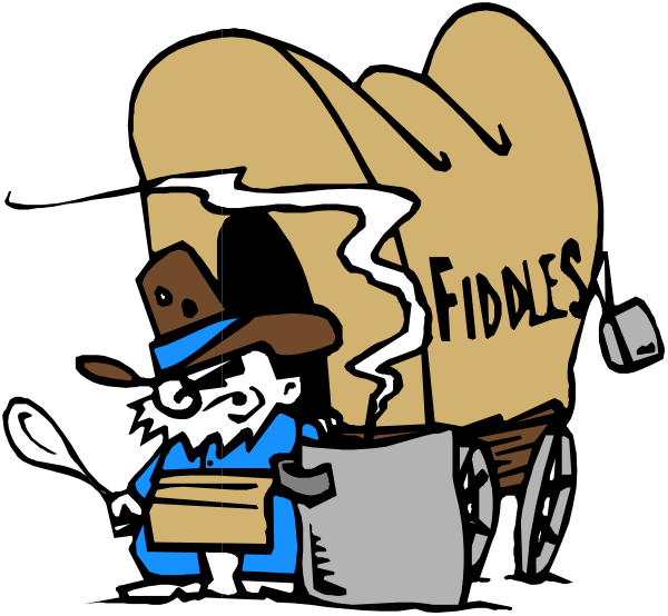 The cartoon depicts a man driving an old wagon with "fiddles" written on it; he is smoking from his pipe while holding onto reins attached to two horses that pull him along.