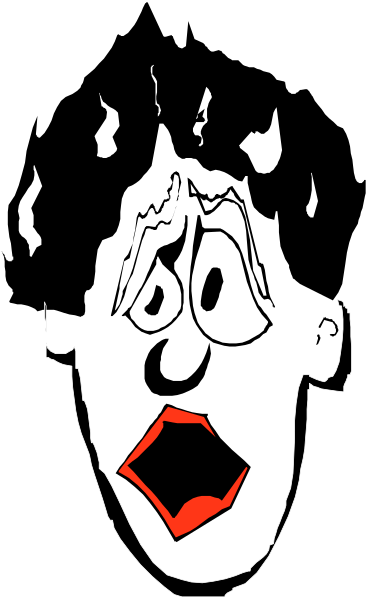The black and white photo shows a cartoon character with an exaggerated expression of surprise or shock on its face.