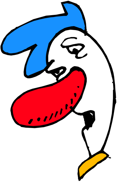 The image shows a cartoon of an anthropomorphic bird with blue hair holding its beak open wide as if to speak or sing.