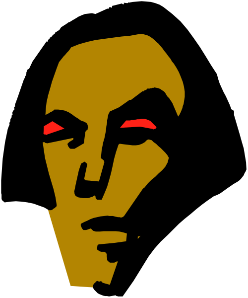 The image shows a black and white silhouette of an animated character with red eyes against a dark background.