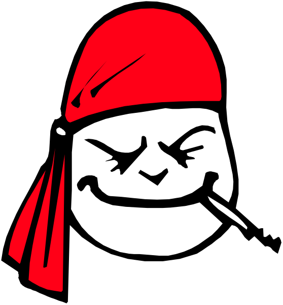 The image shows a cartoon character with an exaggerated facial expression wearing red bandana around head, holding cigarette between fingers of hand that is raised to face in front of black background.