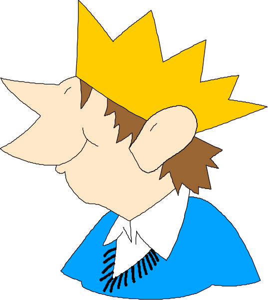 The cartoon depicts a man with an exaggeratedly large head wearing a crown on top of it; he has brown hair and is smiling slightly at something off-frame to his left.