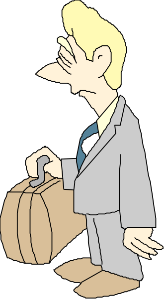 The cartoon depicts a man with luggage standing next to him on what appears to be an escalator.