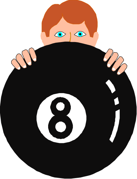 The image shows a person holding up an eight ball with their hands while standing behind it; there is no text present on this clip-art illustration.