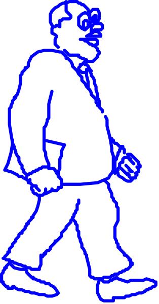 The image shows a black silhouette of an adult male figure walking on what appears to be a sidewalk with his arms at sides against a gray background that has vertical stripes resembling blinds in different shades, creating depth and perspective within the frame.