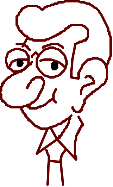 The image shows a black and white cartoon of an older man with glasses wearing a suit jacket over his shoulder, standing in front of what appears to be a red outline that could represent lips on either side of him.
