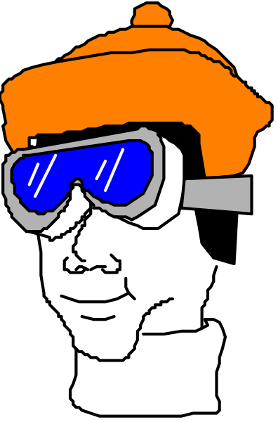 The image shows a black silhouette of an astronaut with orange goggles on its head against a white background.