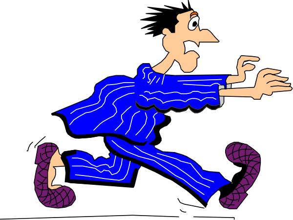 The cartoon shows a man running with his arms outstretched while wearing pajamas; he is depicted as being in motion against a dark background.