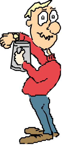 The cartoon shows a man holding an object that looks like a camera with his left hand while standing against a wall; he is wearing blue jeans and has short hair.