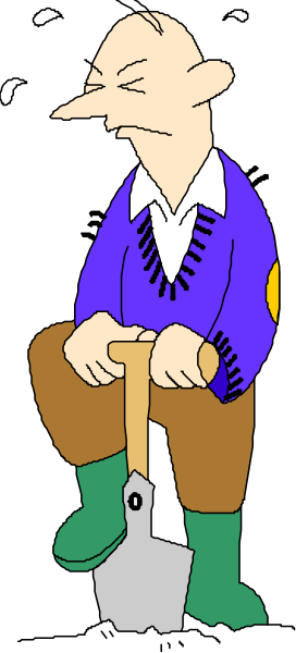 The cartoon shows a man sitting on his shovel with an exaggeratedly sad expression while holding it upright between two hands.
