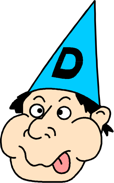 The image features a cartoon depiction of an exaggeratedly happy man's face with large eyes and teeth on his head inside what appears to be a blue party hat labeled "D".