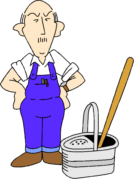 The cartoon depicts a man with an exaggeratedly large head standing next to a bucket of watering plants while holding a hose in his hand.