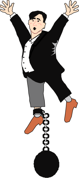 The image shows a black and white cartoon of an animated character performing balancing tricks on stilts while holding onto another person's shoulders for support.