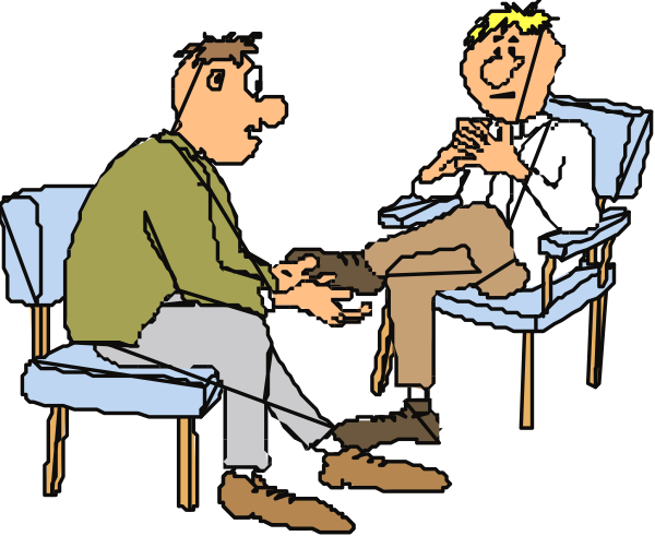 The image shows a cartoon of three individuals sitting on chairs; two men appear to be engaged in conversation while another man is seated with his legs crossed over one knee.