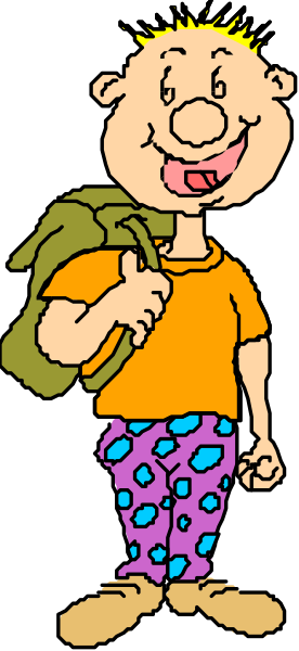 The cartoon shows a man with blonde hair wearing an orange shirt holding a green backpack on his shoulder while standing next to a plant in front of him; he is smiling broadly at something off-frame, and there's no text present.