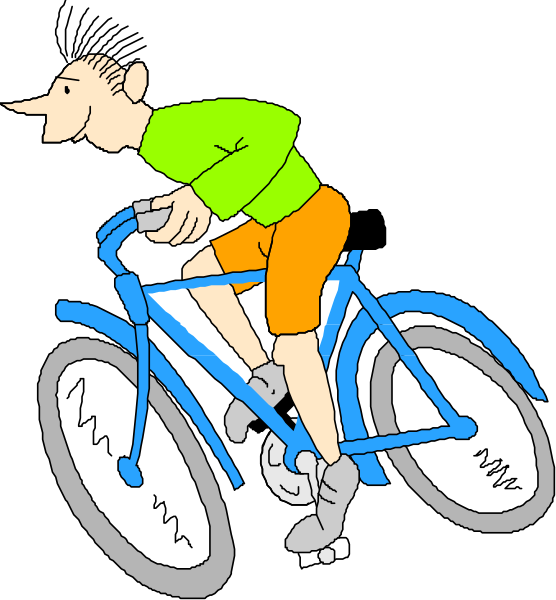 The illustration shows a man riding an adult bicycle with training wheels on it while looking back over his shoulder at something off-frame.