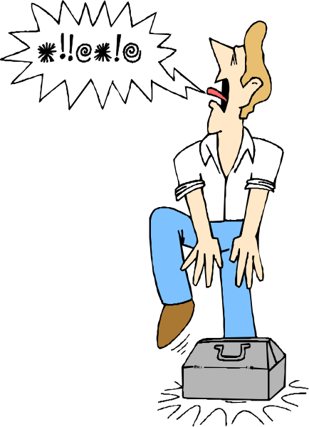The cartoon shows a man sitting on his suitcase with an exaggerated speech bubble containing various exclamations like "Wow!", "Cool!" and other expressions of surprise or excitement.