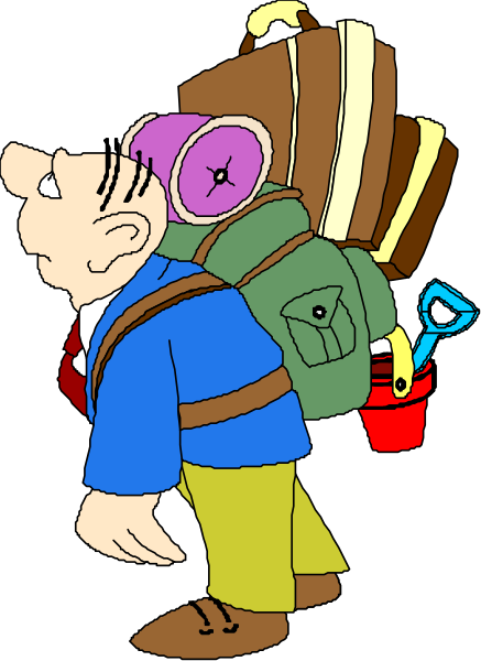 The cartoon shows a man with luggage on his back standing next to an open suitcase filled with various items such as books, bottles, cans of food, clothing articles like shirts and pants, and other miscellaneous objects that resemble camping gear or travel essentials.