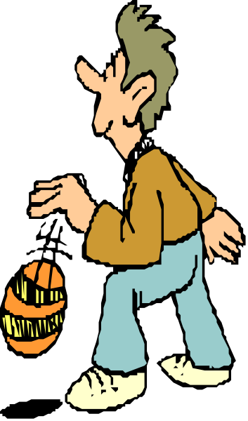 The cartoon depicts a man walking with his hands behind him while holding an orange pumpkin under his arm; he is wearing blue jeans and has short hair.