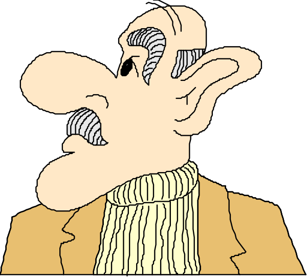The image shows a cartoon of an elderly man with mustache and glasses looking to his right side while wearing a yellow jacket over a striped shirt; he has white hair on top of head.