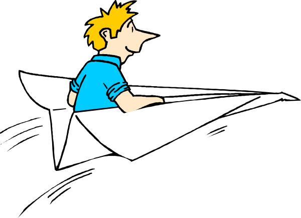 The cartoon shows a boy flying an airplane with his hands outstretched for balance against a black background.