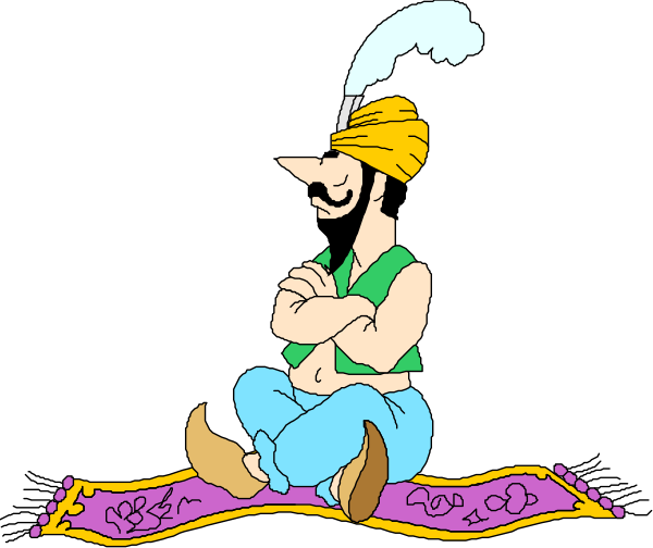 The cartoon depicts a man sitting on an oriental rug with his legs crossed; he is wearing blue pants, has a turban hat, mustache, beard, and goatee, holding what appears to be a hookah pipe in one hand while resting it against him. He looks contemplative or bored as the background shows nothing but darkness.