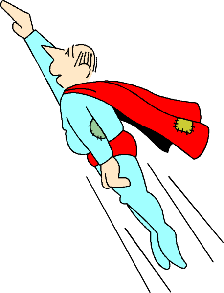 The image shows a cartoon of Superman flying through space with his cape spread out behind him against a black background.