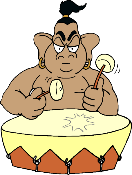 The cartoon depicts a man playing drums with sticks while sitting on top of them; he has an intense expression as if deeply engrossed in his performance.