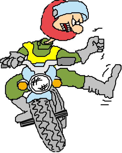The image shows a cartoon of an animated character riding on top of a motorcycle with wheels that appear to be made from tires.