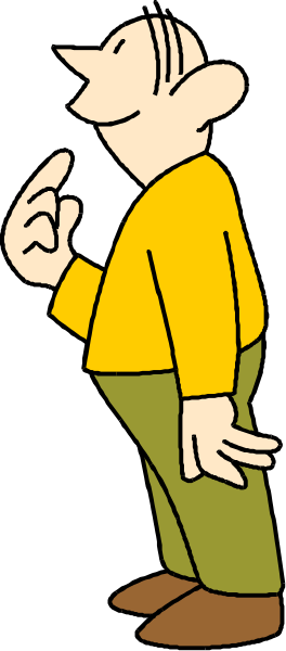 The cartoon shows a man with his finger on his lips standing next to an open door frame against a plain background; he is wearing brown pants and has short hair.