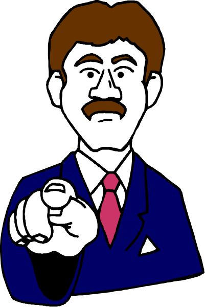 The cartoon shows a man with mustache pointing his finger at someone offscreen while standing behind a podium labeled "CARTOONIST".