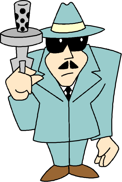 The cartoon depicts a man dressed as James Bond holding an object that resembles a gun with his right hand while wearing sunglasses over eyes obscured by hat brim; he is standing in front of black background, and there's no text present.