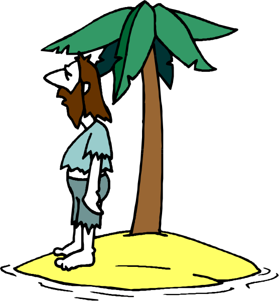 The cartoon shows a man standing next to an animated palm tree on what appears to be sandy ground with his back turned towards us; he is wearing shorts and has short hair.