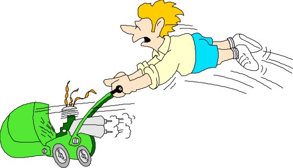 The cartoon shows a boy flying through midair with his toy car trailing behind him; he is wearing shorts and has blonde hair.