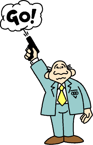 The cartoon depicts a man with his hand raised as if to signal someone offstage, wearing a suit jacket over an undershirt that is visible at one end of its collar. He has short hair and appears surprised by something happening out of frame; he's holding up the word "GO" in speech bubbles above him.
